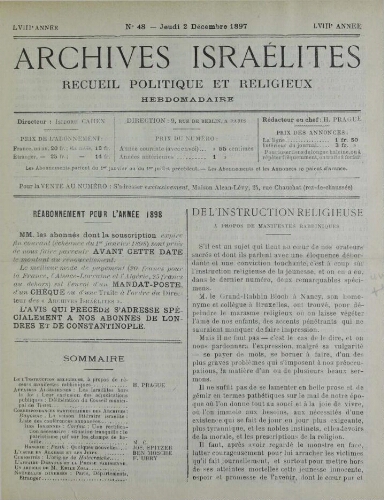 Archives israélites de France. Vol.58 N°48 (02 déc. 1897)